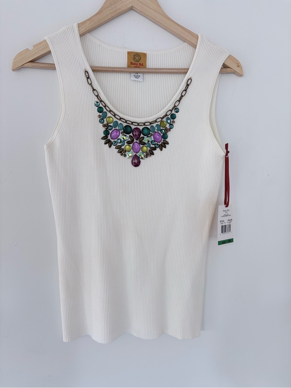 RUBY RD Petite L Cream Rib Knit Sweater Sleeveless Beaded Brass Embellished NWT